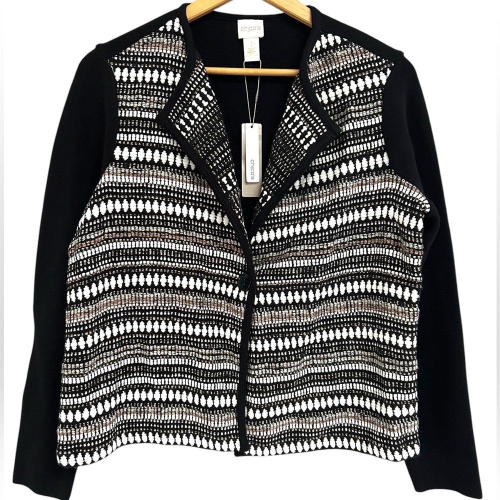 NWT Chicos Textured Stripe Cardigan Sweater Long Sleeve Button Close.Black White